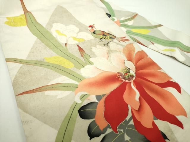 平和屋着物 アンティーク 大正ロマン 九寸名古屋帯 駒刺繍 休み鳥 草花文 銀糸 正絹 DAAX4793ps