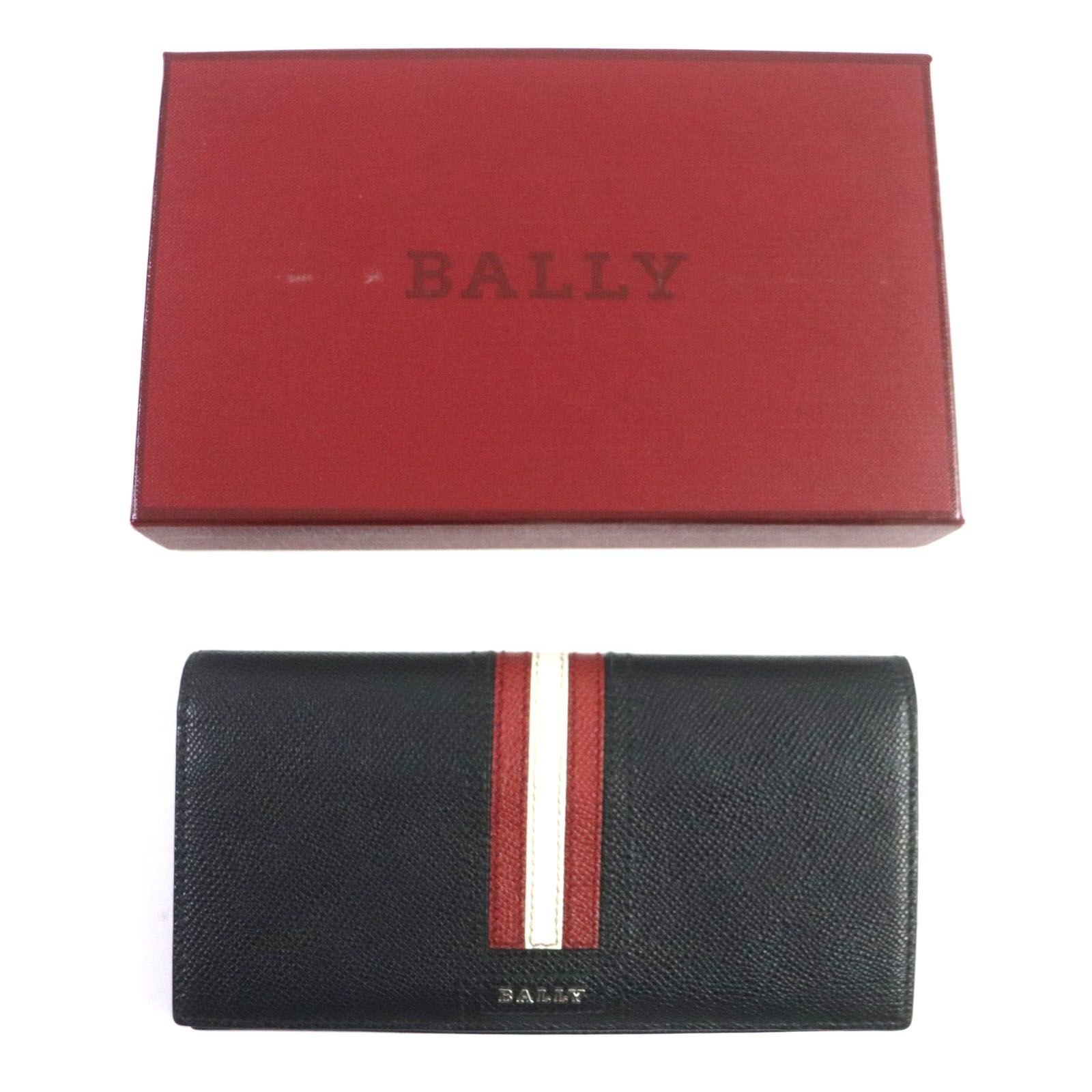 極美品▼BALLY バリー 6218067 TALIRO.LT10 レザー ロゴ金具付き ストライプ ロングウォレット 2つ折り  長財布 ブラック 箱付き メンズ