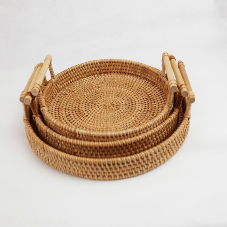 トレー トレイ ラタン 円形 丸型 おぼん 取っ手付き おし 2024最新