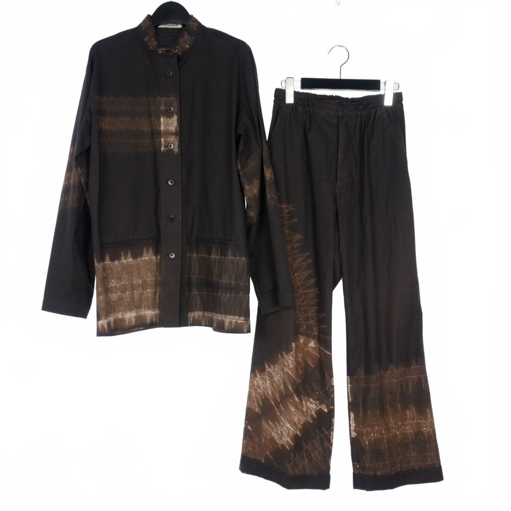 イッセイミヤケ ISSEY MIYAKE ペルマネンテ PERMANENTE 90s ミシンステッチ 抜染 プリント シャツ ワイドパンツ セットアップ 上下 茶 ブラウン