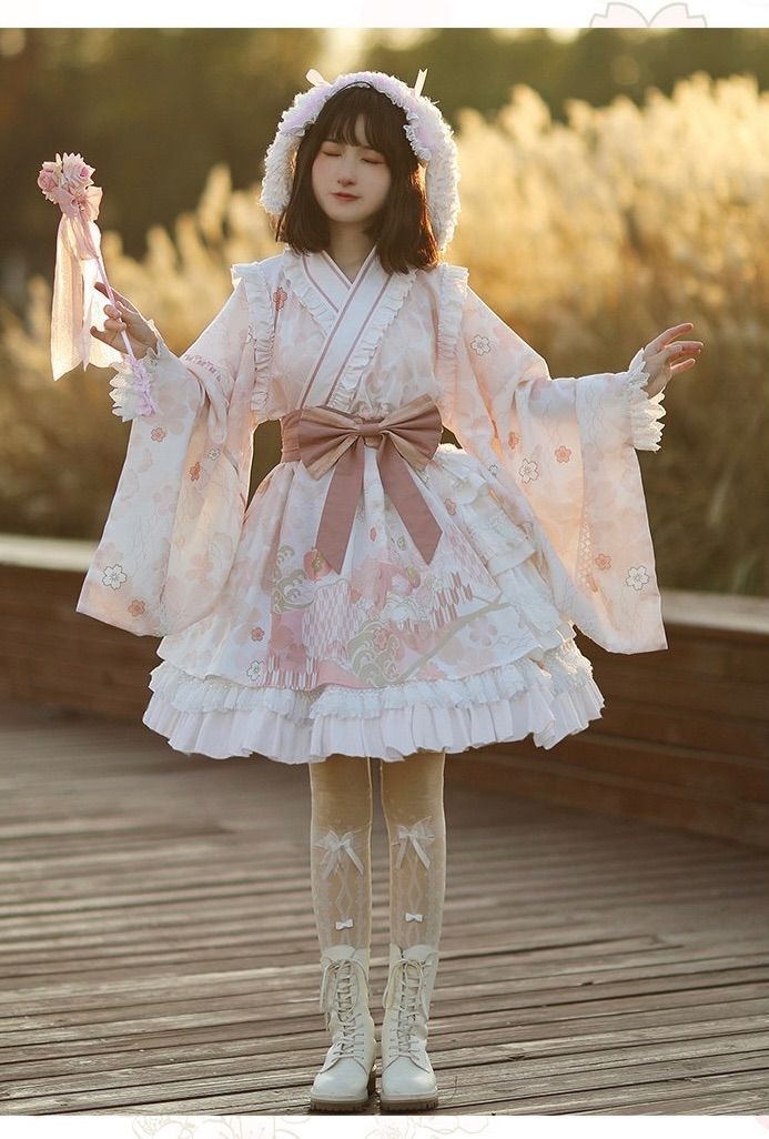 ピンク リボン 姫 姫袖 華ロリ サブカル 服 ガーリー系 ドレス ロリータ ロリィタ バンギャ ハロウィン 衣装 仮装 文化祭