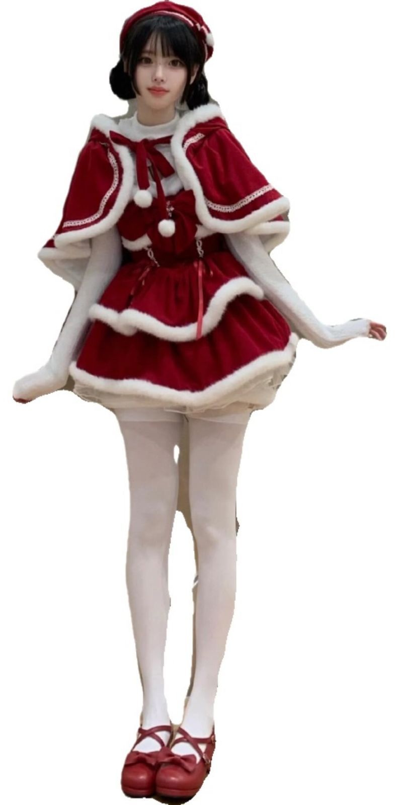 クリスマス 衣装 レディース 女の子 赤 白 ケープ ロリータ レッド サンタコスプレ サンタ Lolita ロリィタ 甘ロリ マント JSK リボン キャミソールワンピ 長袖トップス 着痩せ パーティー ドレス コスチューム