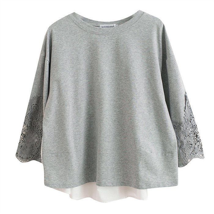 パドカレ バックスリット コクーン チュニック プルオーバー 切替 チュニック レース袖 レディース Tシャツ 切替ブラウス 七分袖