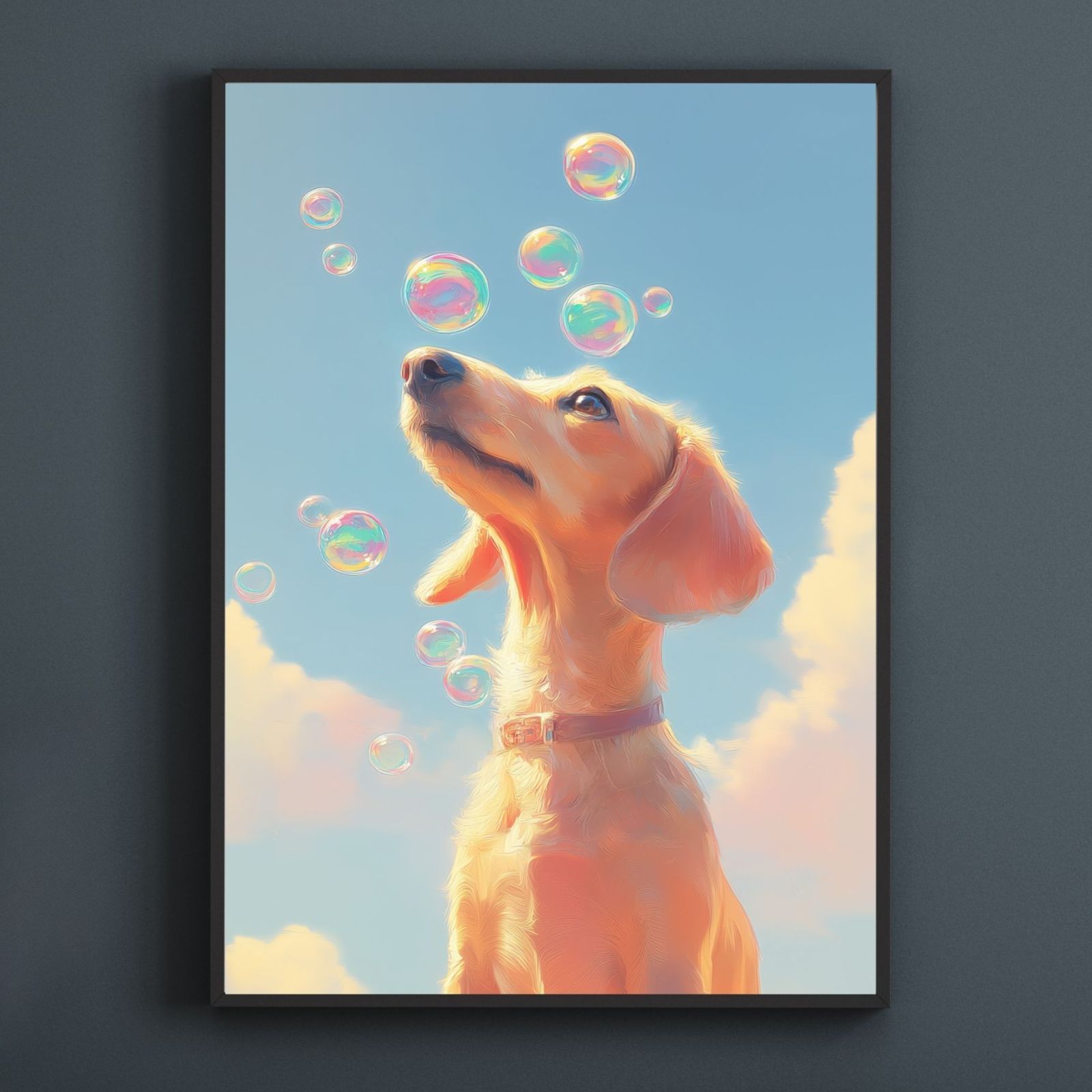 名入れOK 犬とシャボン玉 - ダックスフンド犬 No.1 アートポスター うちの子記念日 ペットロス 北欧 ナチュラル