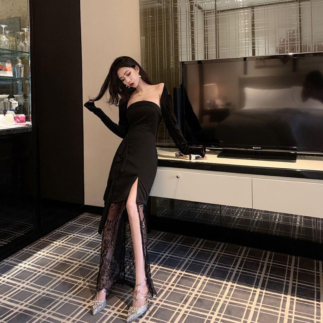 ベアトップの美しいロングワンピース レース＆スリット パーティードレス ベアトップの美しいロングワンピース レース＆スリット