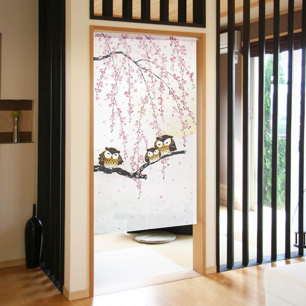 【SIMON BAKER】のれん「しだれ桜と満月とフクロウ」85X150cm【日本製】暖簾 家紋 和風 縁起物 フクロウ 目隠し【匿名配送 ネコポス 全国送料無料】