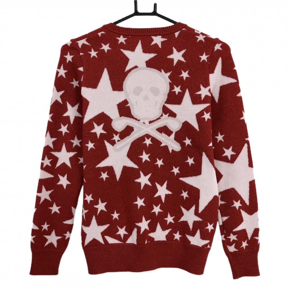 超 マークアンドロナ セーター レッド×白 星総柄 背面ビッグスカル ウール混 ニット レディース S ゴルフウェア MARK&LONA