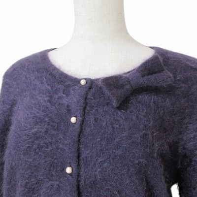 ロイスクレヨン 美品 カシミヤカーディガン 16003185-0 シャギーニット 7分袖 厚手 パールボタン リボンブローチ付き クルーネック M 紫 ロイスクレヨン Lois CRAYON 美品 カシミヤカーディガン