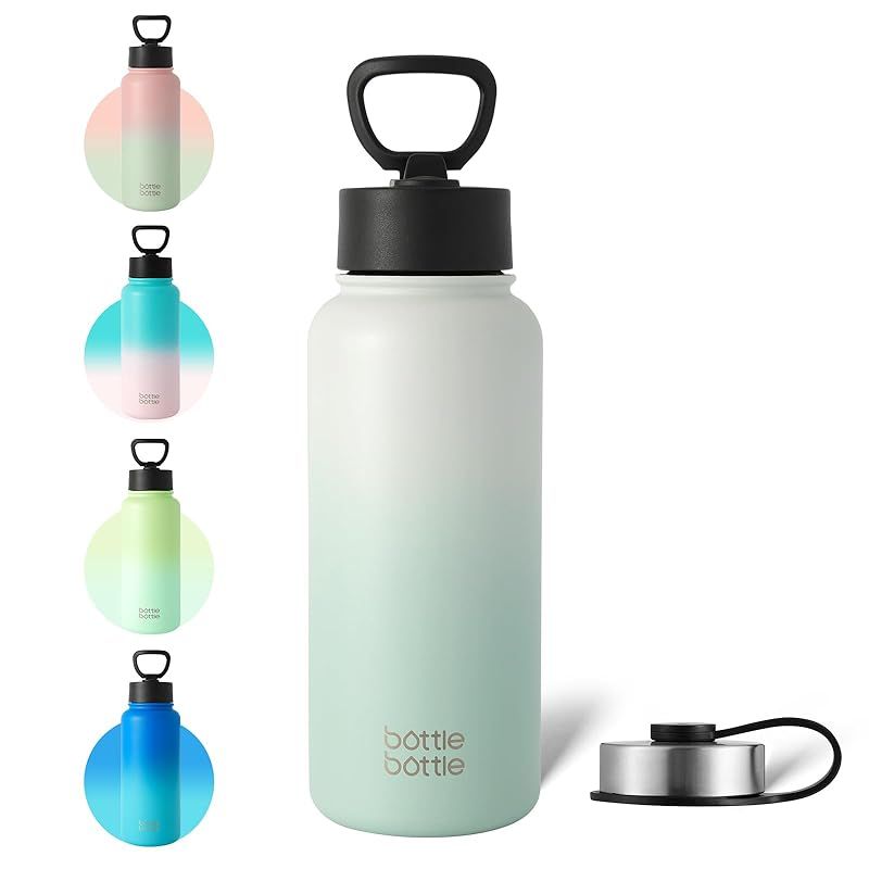 BOTTLE BOTTLE 1リットル 水筒 ステンレス ウォーターボトル 直飲み ストロー付き 保温保冷 二重構造 真空断熱 ボトル 持ち運び 子供 グレー＆グリーン