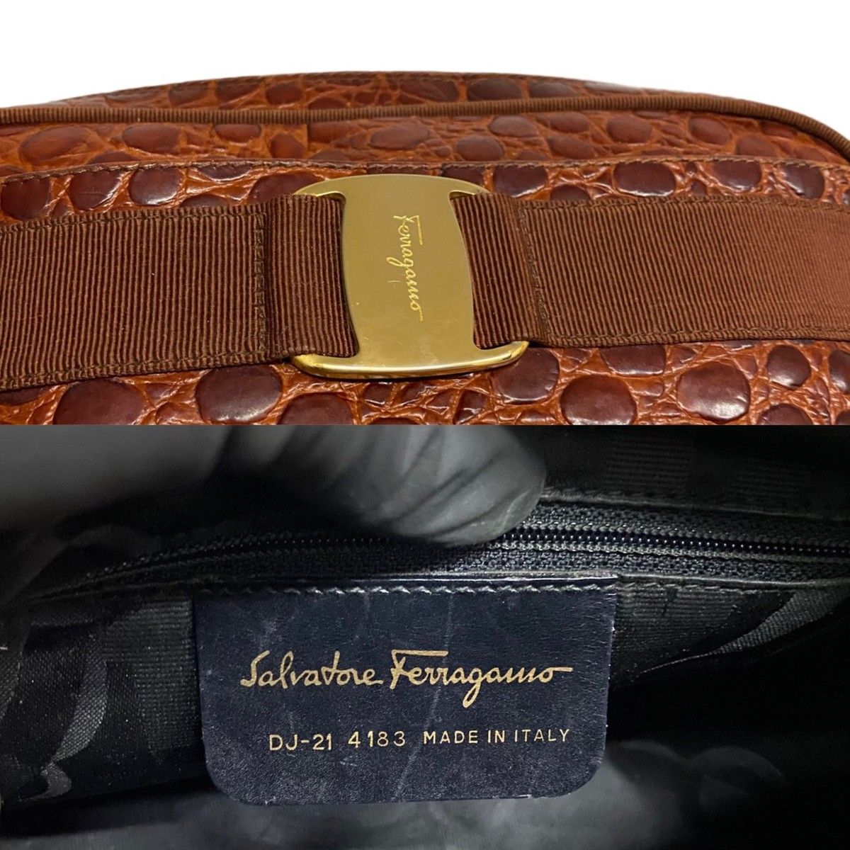 美品 Salvatore Ferragamo フェラガモ ヴァラリボン 金具 クロコ