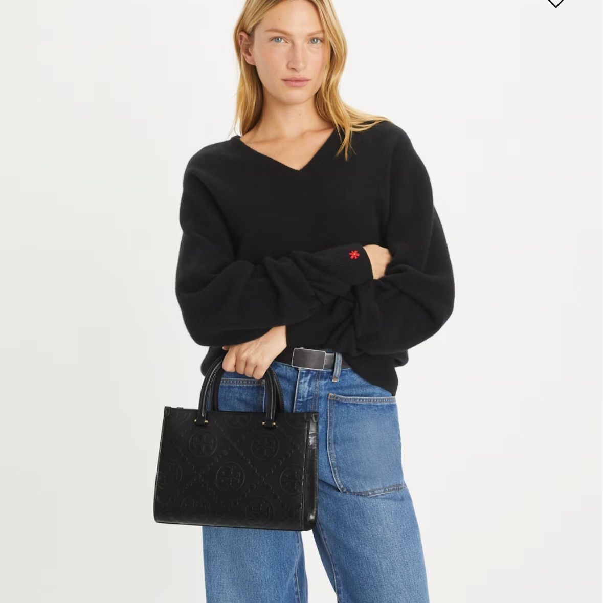 現行/ほぼ未使用✨トリーバーチ Tモノグラム トップハンドル エンボストート 黒 TORY BURCH トリーバーチ バッグ Tモノグラム トップハンドル