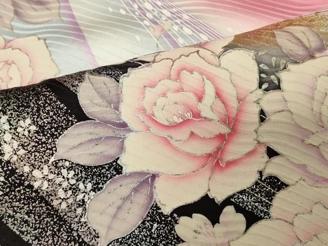 平和屋着物▽豪華振袖 刺繍 舞花文 暈し染め 金糸 正絹 逸品 AAAX9393ck