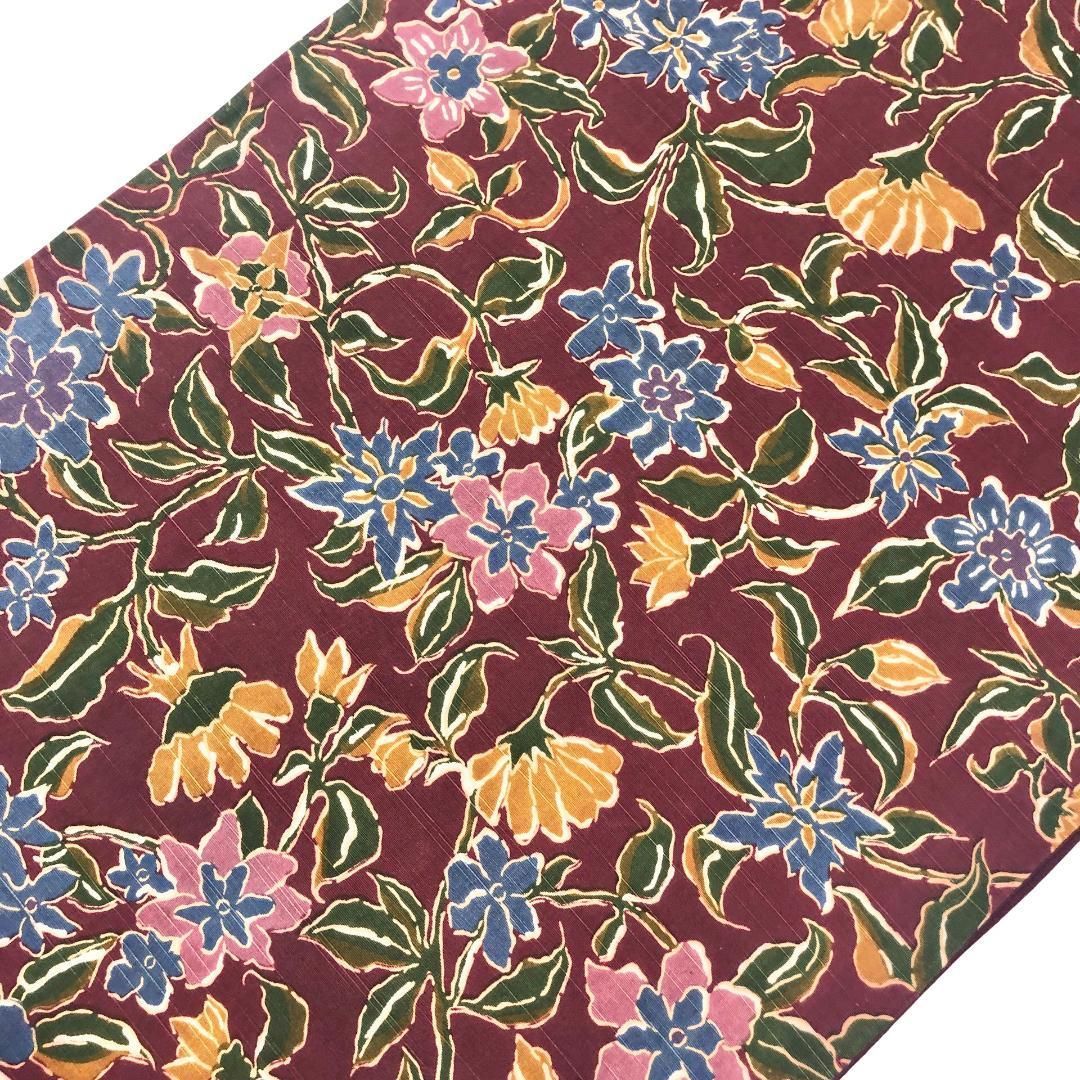 京袋帯 紬 型染 花唐草模様 暗紅色 O-5530