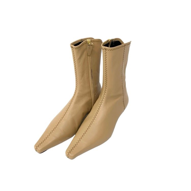 ♥品 Mame Kurogouchi マメクロゴウチ Smooth Leather Zip Style Boots ステッチショートブーツ ベージュ 23.5cm MM23FW-AC305