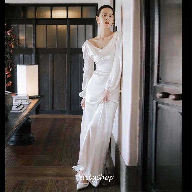 ウェディングドレス 白 サテン 二次会ドレス マーメイドドレス 長袖  