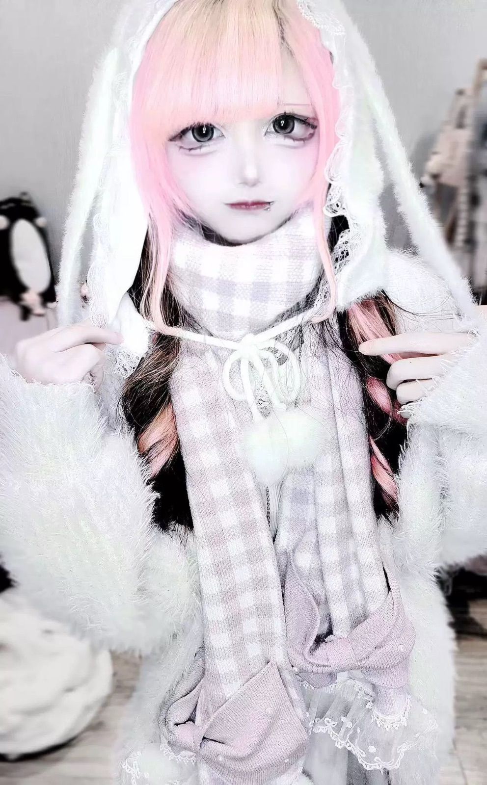 ホワイト 白 地雷系 量産型 帽子 ブラック フード ふわふわ ファー