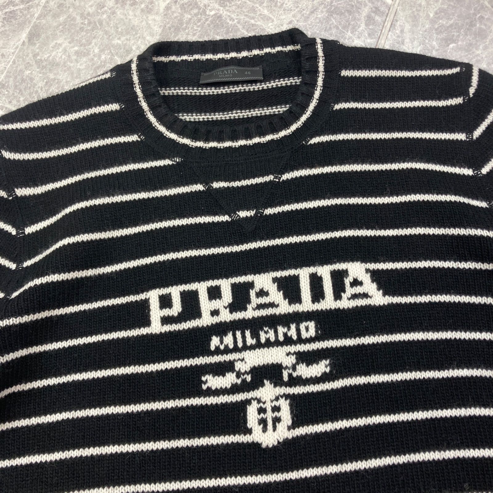 PRADA 長袖　46 ✨美品✨ PRADA プラダ 22年製 ウール カシミヤ ボーダー クルー