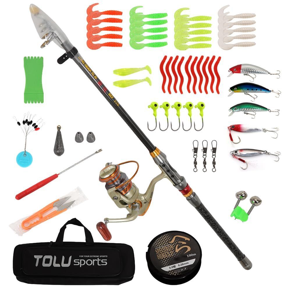 釣り糸付 軽量 携帯便利 炭素ロッド ルアーセット付き 入門セット コンパクトロッド 海釣りセット伸縮式釣竿コンビセット 2.1M釣り竿セットフィッシング 初心者 釣りセット