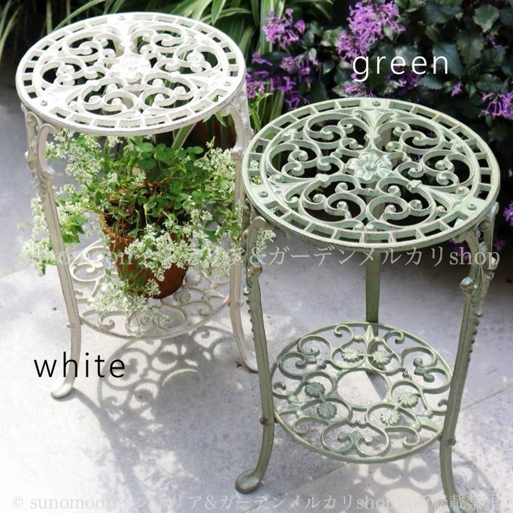 ヴィンテージ調 シャビーシック ホワイト グリーン ガーデン インテリア プランタースタンド 雑貨 シャビー加工 おしゃれ ガーデンインテリア お洒落 ガーデン雑貨 庭の装飾 8-14 ガーデニング プランターラック 金属
