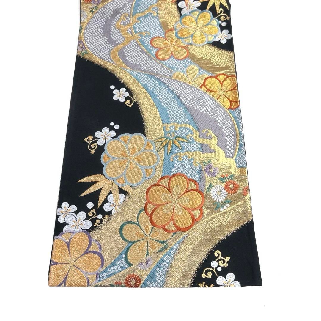 振袖帯　流水　金糸　梅花　竹　菊　鹿の子　黒地　袋帯　着物　041a d 振袖帯 流水 金糸 梅花 竹 菊 鹿の子 黒地 袋帯 着物 041a d