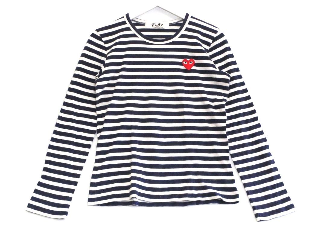 222166 PLAY COMME des GARCONS プレイコムデギャルソン 綿天竺ボーダー クルーネック カットソー 長袖 ワンポイントロゴ M ネイビー