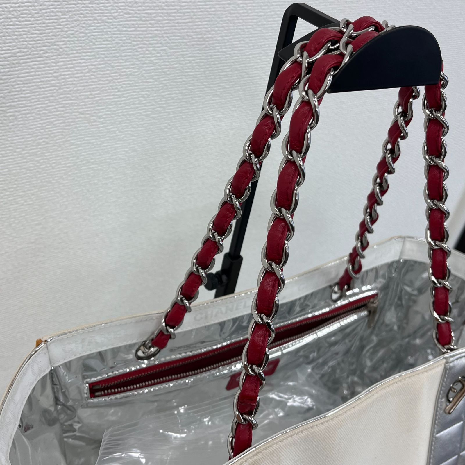 CHANEL　シャネル　ココマーク　No.5　チェーントートバッグ　キャンバス×レザー ホワイト×シルバー×ネイビー×レッド　シルバー金具　 ヴィンテージ　レディース　7番台【中古品】Tote bag HIBUOCHI VINTAGE