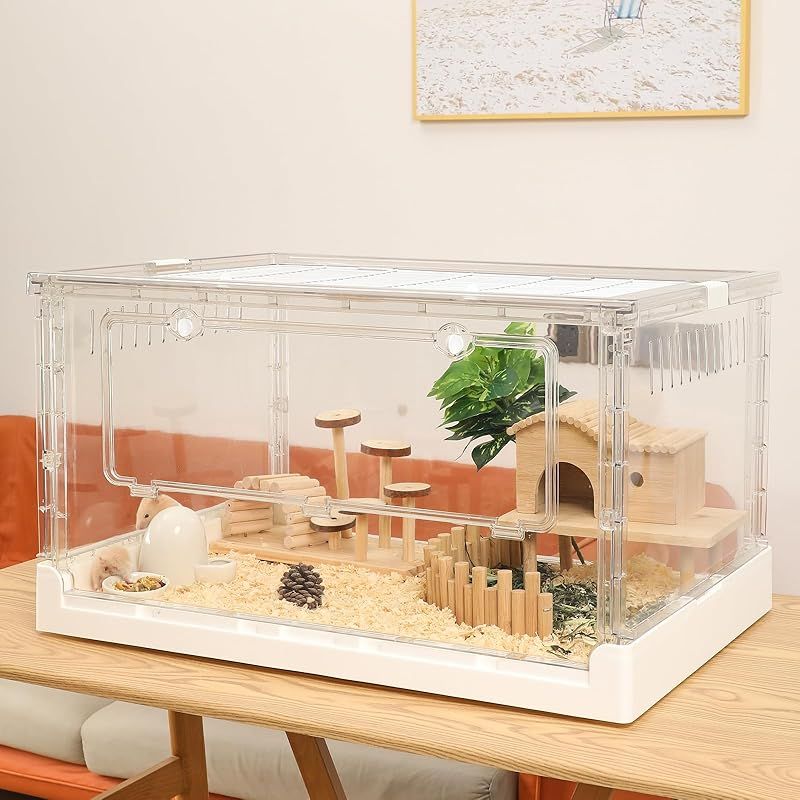 Yulezen 折りたたみ式アクリル透明ハムスターケージ 小動物用の快適で広々とした居住空間 ハムスター モルモット リスに最適 70.5x43.5x39cm 1