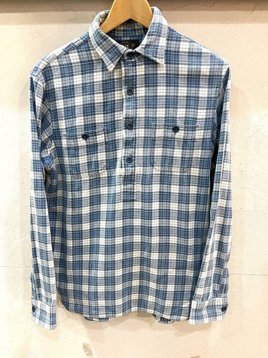 1615 RRL|ダブルアールエル インディゴ染めチンスト付きプルオーバー ライトネルシャツ フランネルチェック メンズ トップス Sサイズ