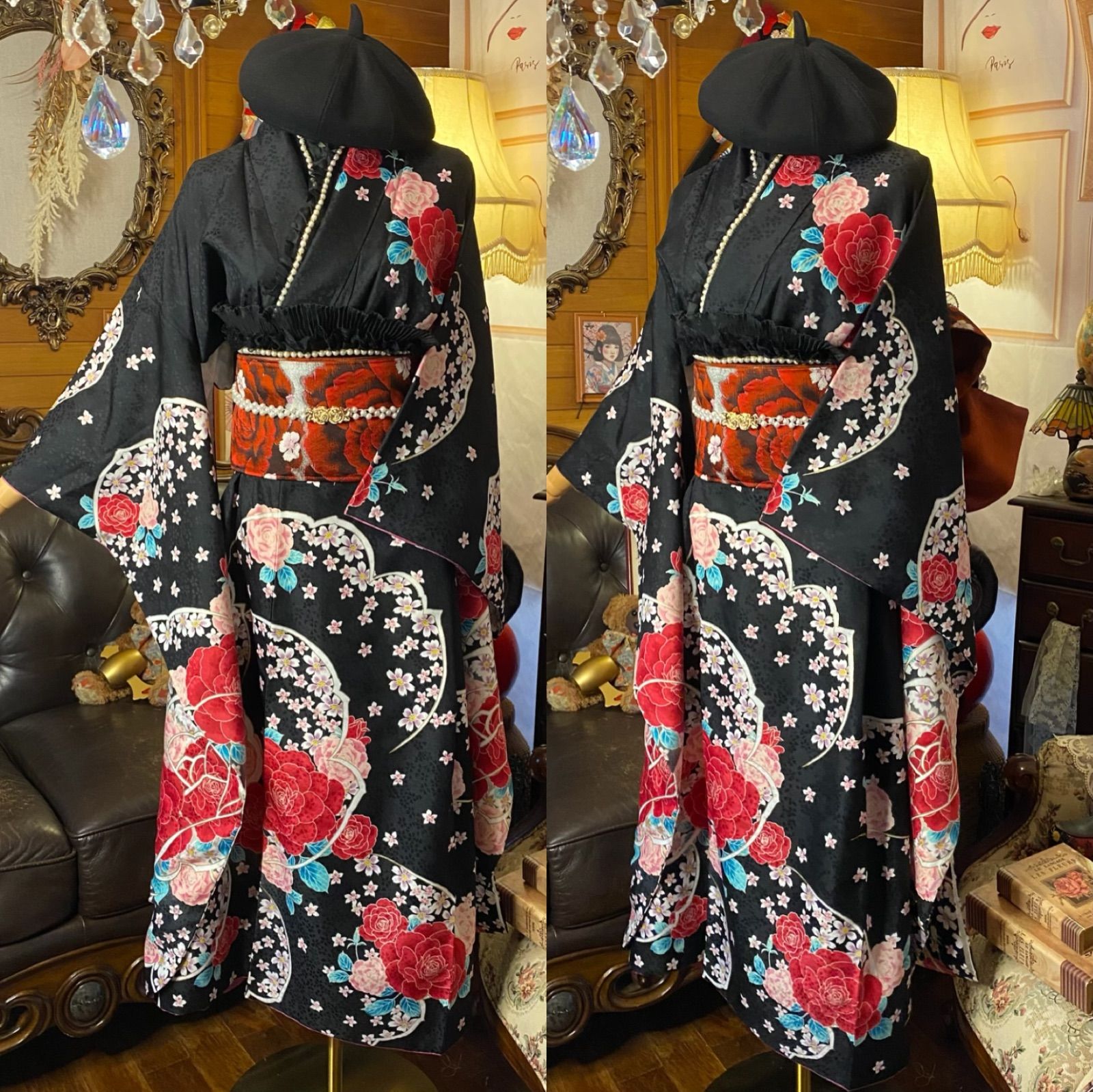 振袖 着物 ロングワンピース ドレス 2部式ローズ/バラ作り帯 リメイク