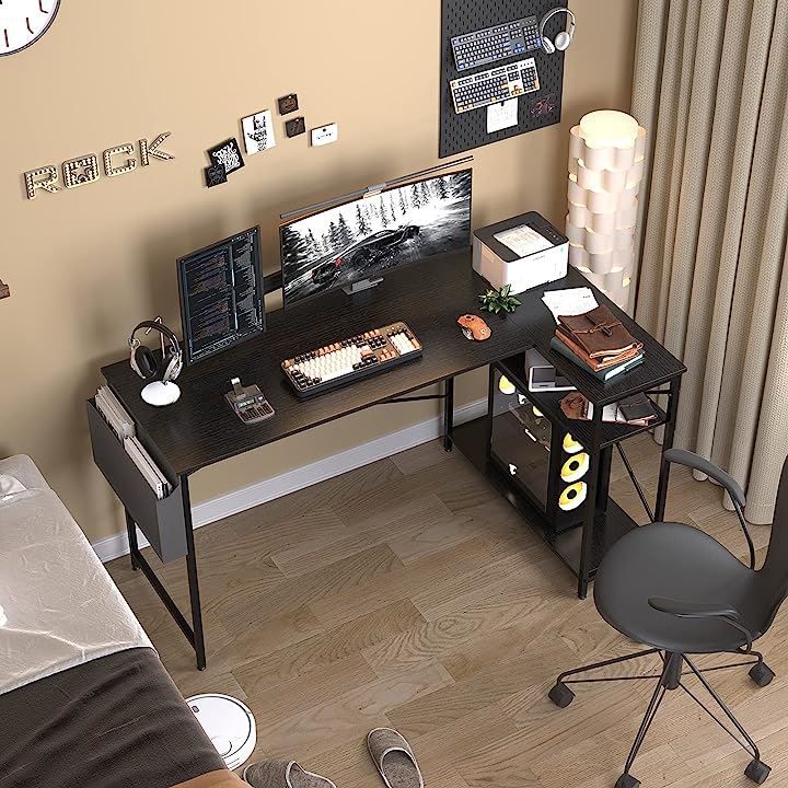 HomGiz パソコンデスク L字型 幅140 左右反転OK サイドラック オフィスデスク ワークデスク PCデスク ゲーミングデスク ブラック