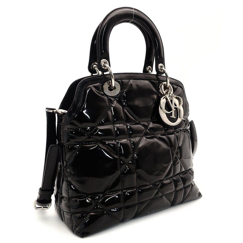 クリスチャン ディオール Christian Dior ハンドバッグ パテントレザー ブラック 2way 黒 シルバー金具 クロスボディ 7-9-395