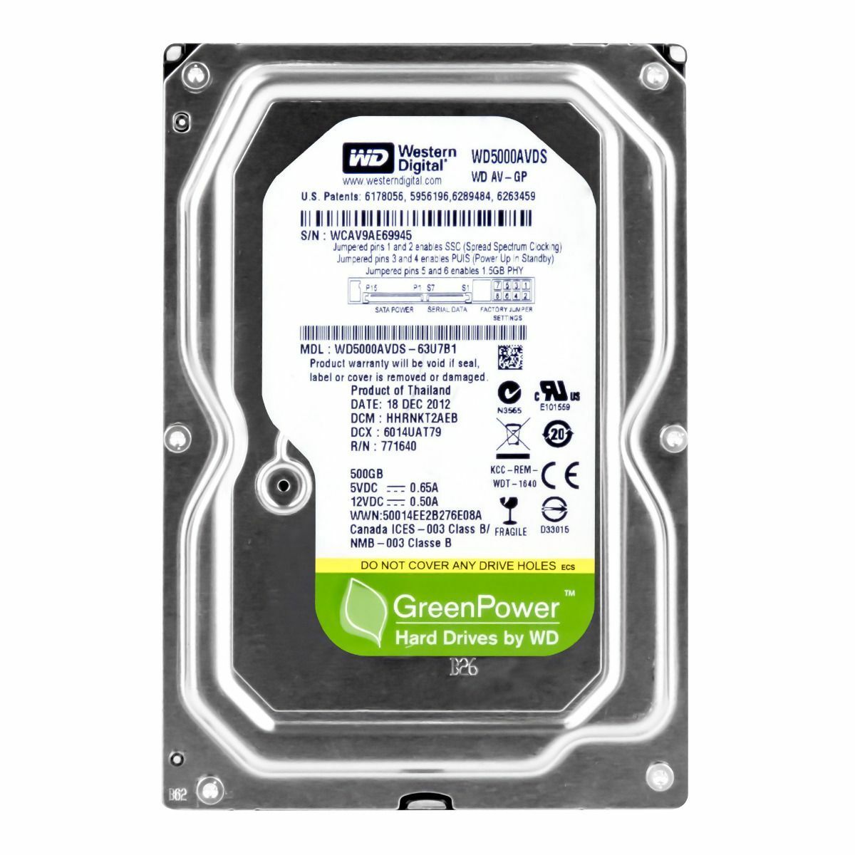 ウエスタンデジタルグリーン 500GB 5400U/分 32MB SATA II WD5000AVDS 3.5 ハードドライブ