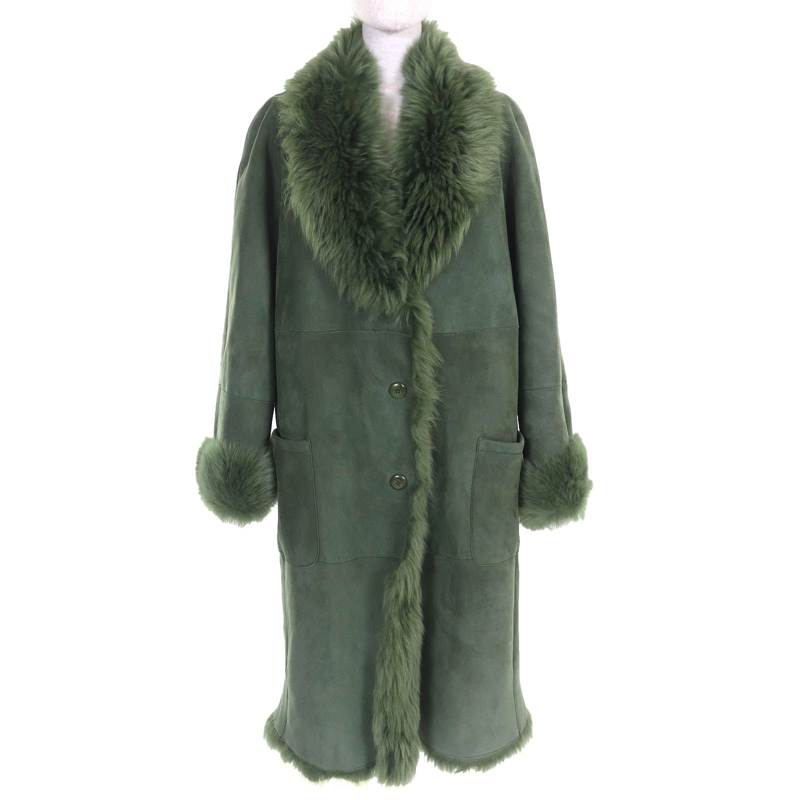 △Salvatore Ferragamo サルヴァトーレフェラガモ ロゴボタン ロング ムートンコート グリーン系 42 イタリア製 レディース