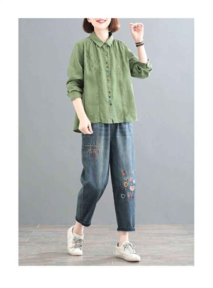 ロングシャツ ブラウス シャツ トップス レディース 長袖 綿麻 刺繍 ボタン 無地 カジュアル きれいめ 綿麻ブラウス プリーツ 大きいサイズ エレガント 通勤 シャツ ブラウス レディース 長袖 シャツ 刺繍 シャツブラウス
