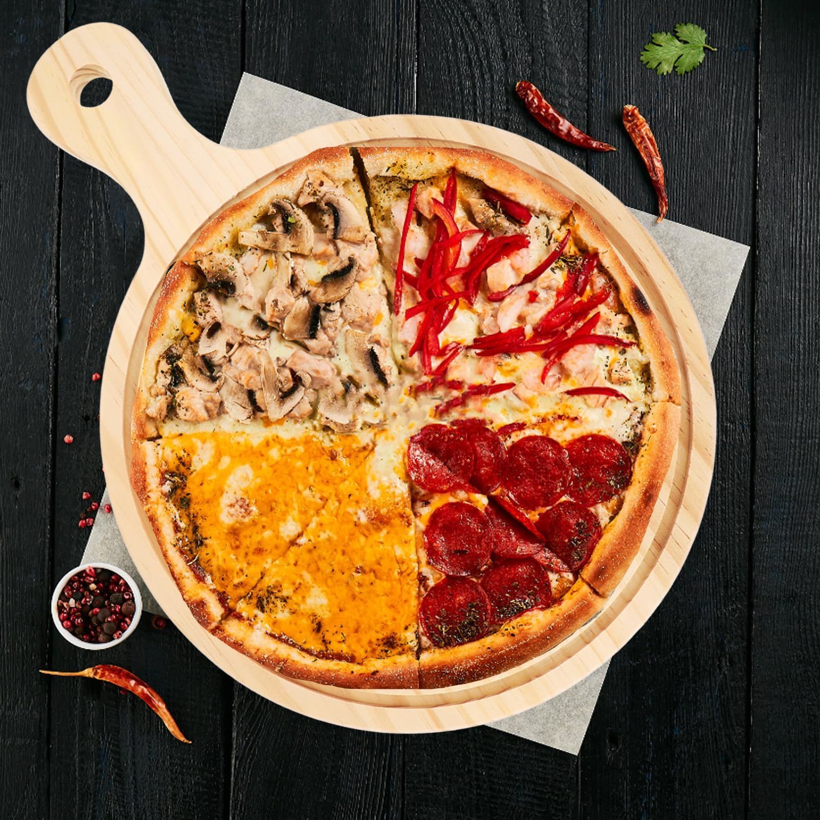 アカシア木製ピザピール ハンドル付サービングボード アカシア木製