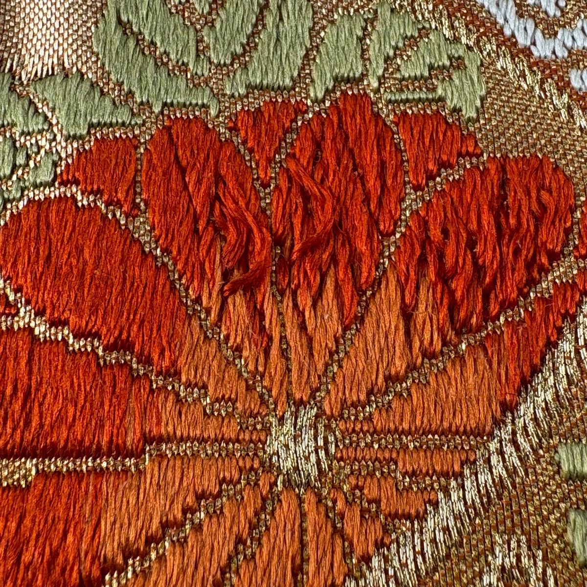 未使用【 名古屋帯/絽 】正絹 オレンジ 紫陽花 刺繍 薄物 夏物