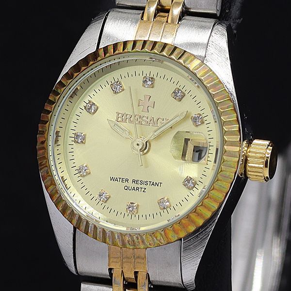 稼働 良品 BRESAGE QZ 01618 デイト ラウンド 石付き ゴールド文字盤 レディース腕時計 STU - メルカリ