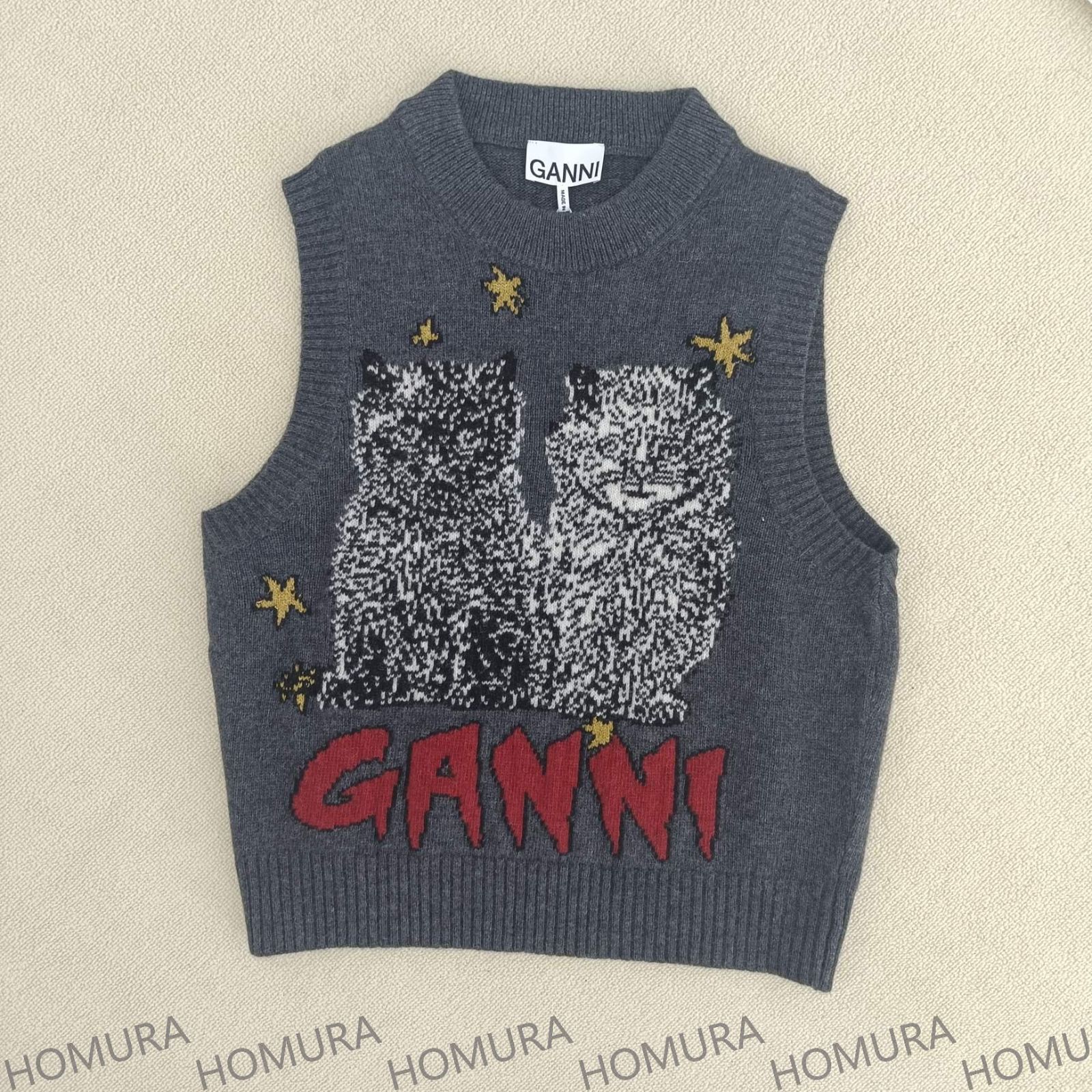 GANNI ガニー グラフィック Oネック ニットベストGREY GRAPHIC CATS 