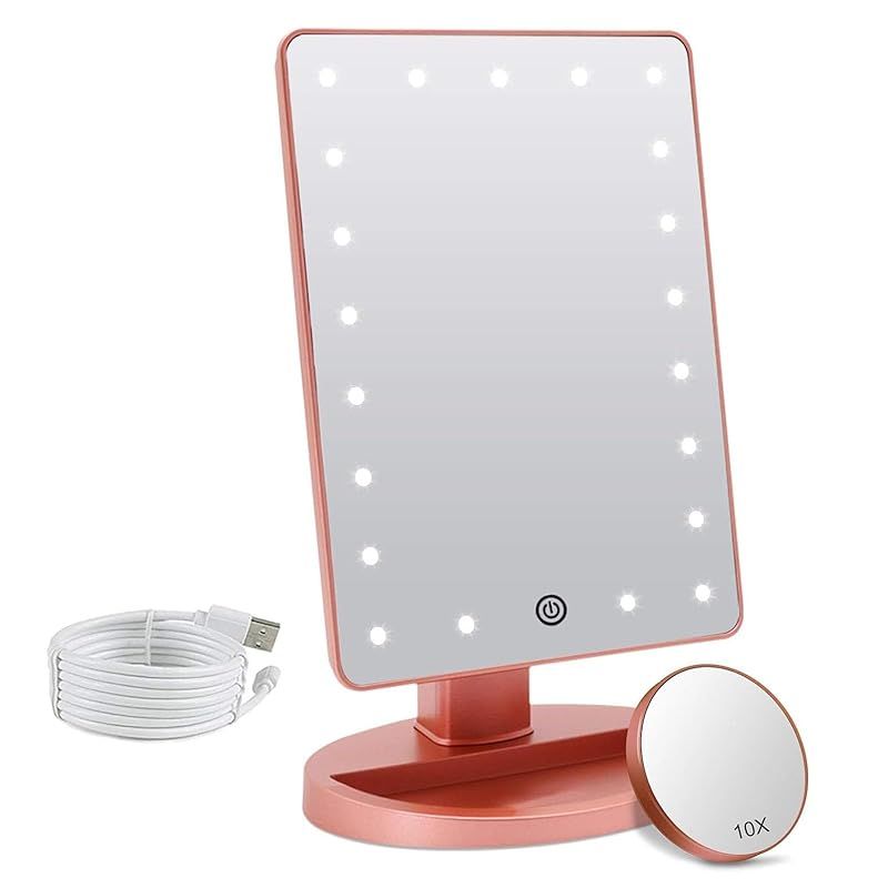 FASCINATE 21個LED 鏡 ライト付き 卓上 スタンドミラー 無段階調光 usb/乾電池給電 10倍拡大鏡 メイク用 明るい 角度180調整可能 人気 ピンク 0