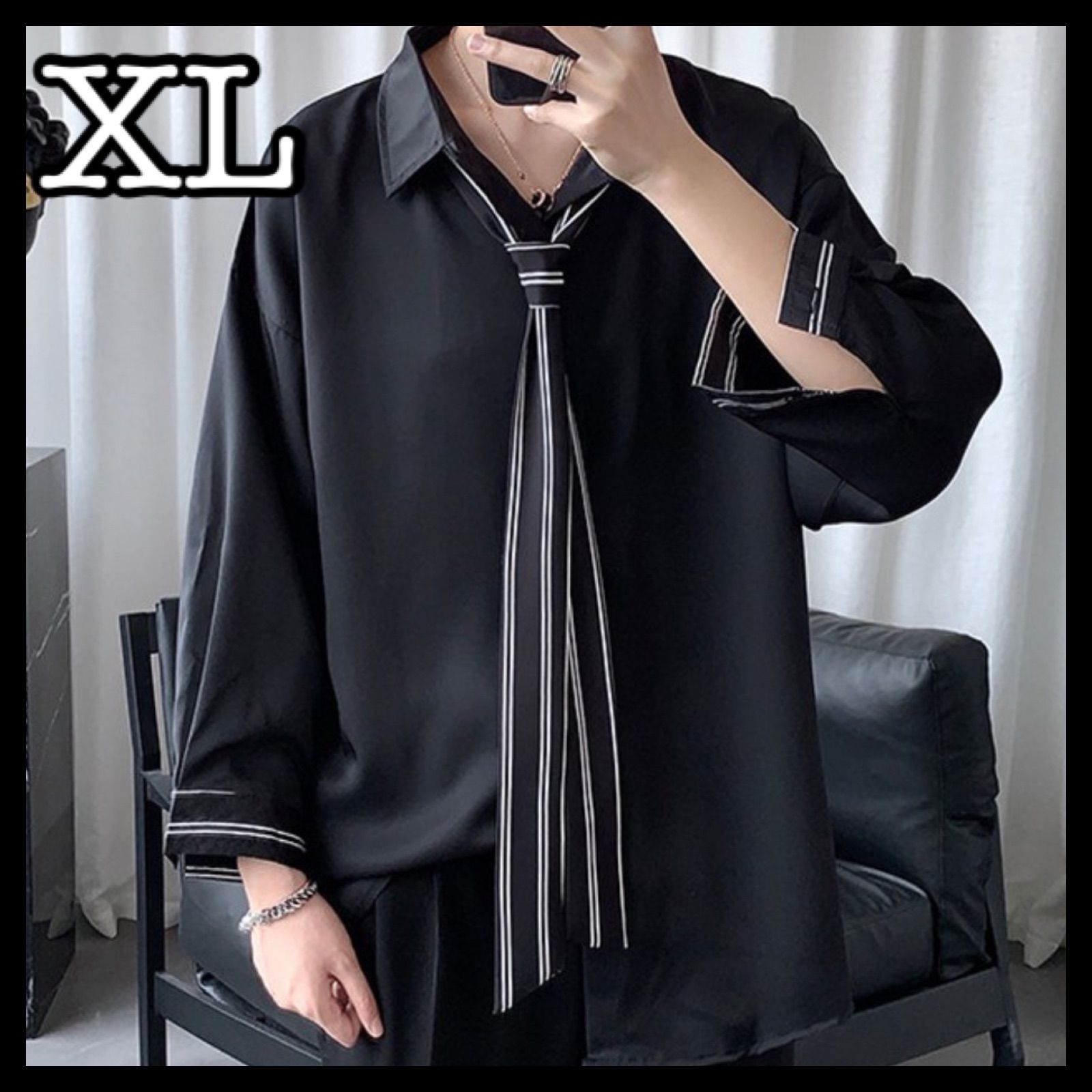 ストライプ ネクタイ付き シャツ 韓国 秋服 メンズ レディース XL ブラック 長袖シャツ メンズ レディース カジュアルシャツ ネクタイ付き