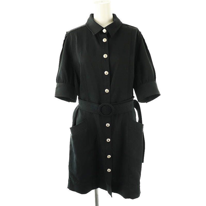 サンドロ sandro JOODY BELTED SHORT SLEEVE MINIDRESS ドレス ワンピース ひざ丈 五分袖 黒 ブラック |AT OS SH
