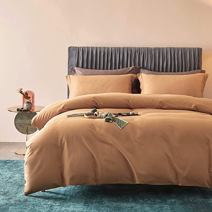 MILDLY 布団カバー 4点セット 無地 エジプト超長綿 掛布団カバー ボックスシーツ 枕カバー 300TCサテン調 シャンパンゴールド シングル