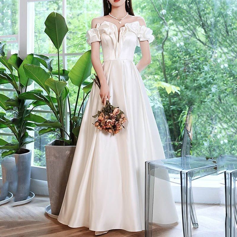 ウェディングドレス 結婚式 披露宴 二次会 前撮り フォト ウエディングドレス パーティードレス 韓国風 オフショルダー フリル サテン 挙式