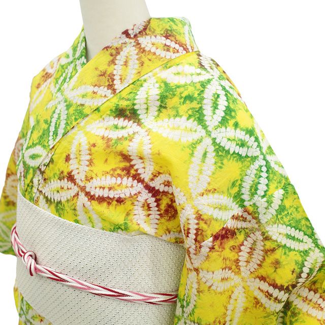 有松鳴海絞り新品 未使用 浴衣 有松 絞り 鳴海絞り 夏着物 オレンジ 黄色 緑 50000円均一セール】浴衣 有松絞り つゆくさの有松鳴海絞り浴衣