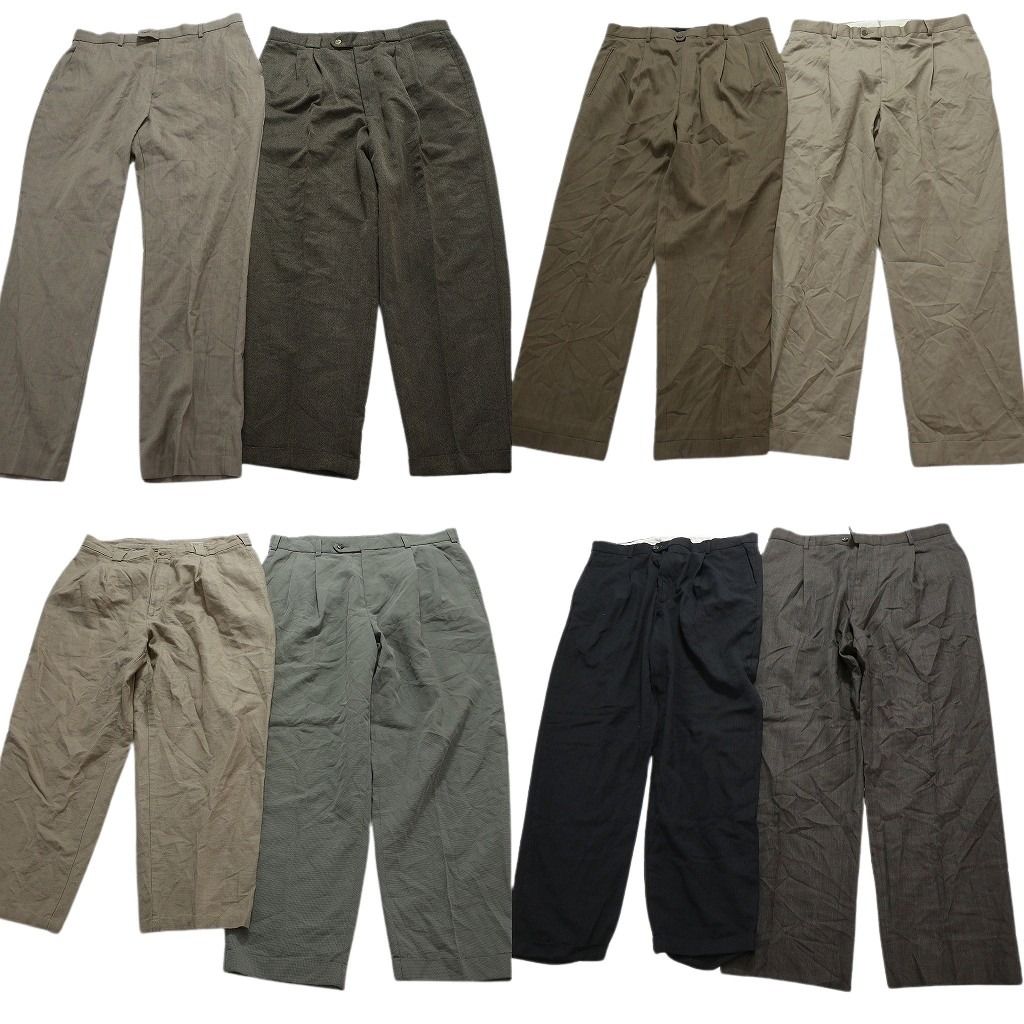 古着卸 まとめ売り スラックス パンツ 8枚セット (メンズ 36 ) 2タック 無地 ストレート ワイド ブラック グレー 中古 古着 MX7478