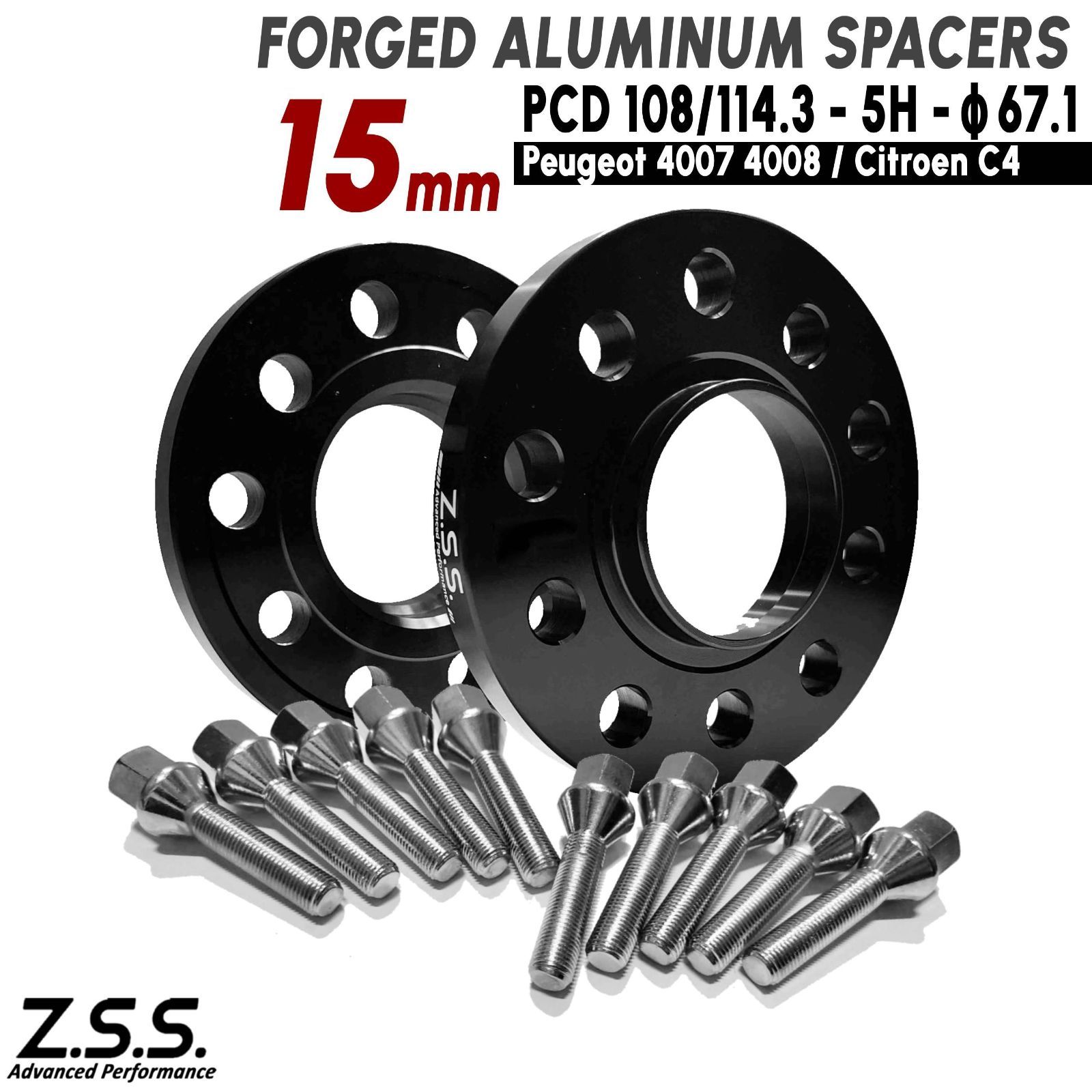 Z.S.S. AP 15ｍｍ PCD108 PCD114.3 5x108 5x114.3 67.1φ スペーサー プジョー PEUGEOT 4007 4008 シトロエン CITROEN C4 エアクロス M12xP1.25 ボルト付き ZSS