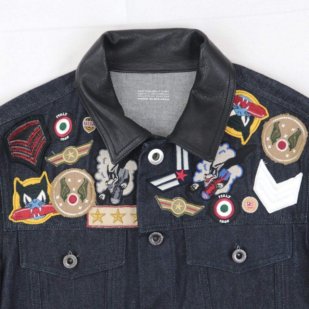 美品 ディーゼルブラックゴールド ワッペン装飾 レザー襟 デニム