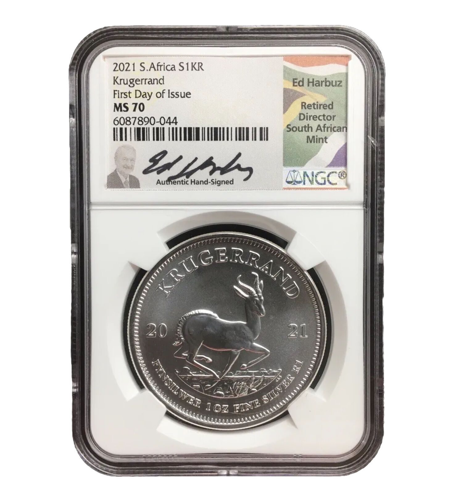 2021 S. AFRICA KRUGERRAND SILVER NGC MS70 FIRST DAY OF ISSUE ED HARBUZ SIGNED