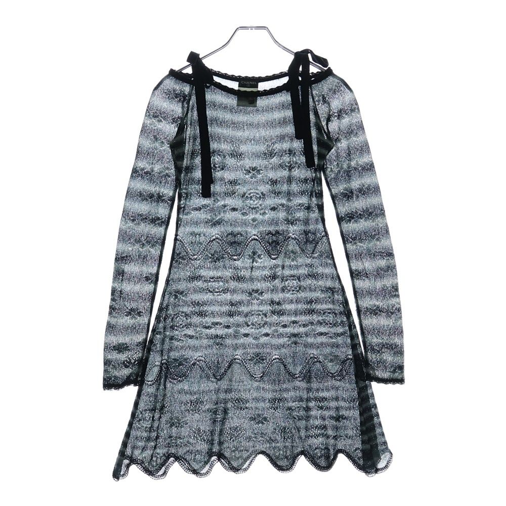 CHANEL (シャネル) 02AW ボーダー総柄 リボン ラインストーン