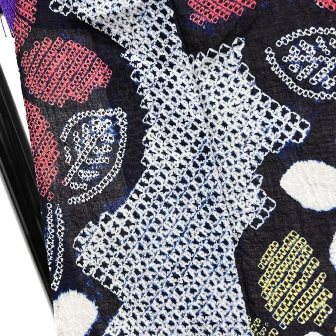 浴衣 有松鳴海絞り 花模様 杉綾紋 ギザギザ ネイビー 着物 034a d 有松